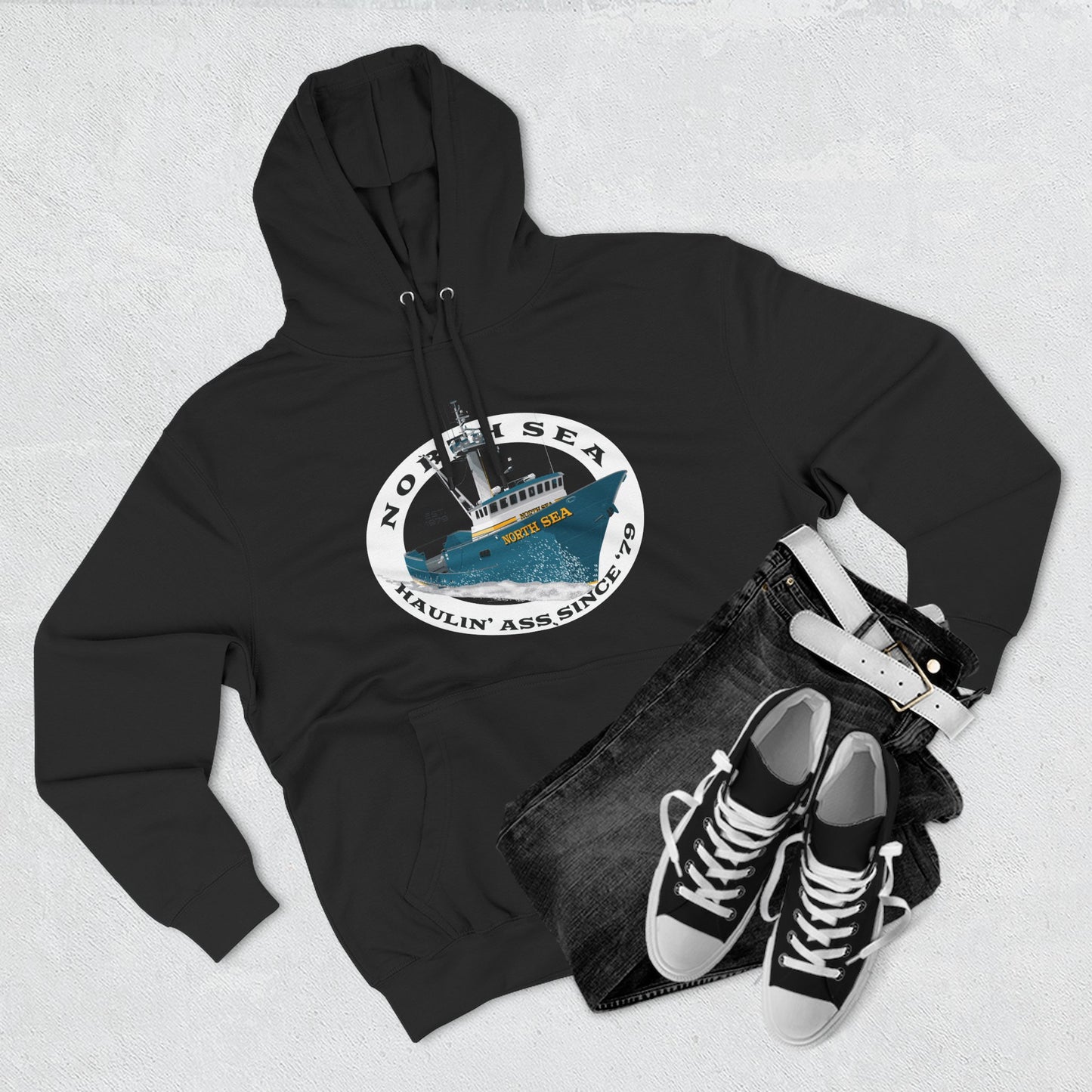 Haulin Ass Three-Panel Fleece Hoodie north sea