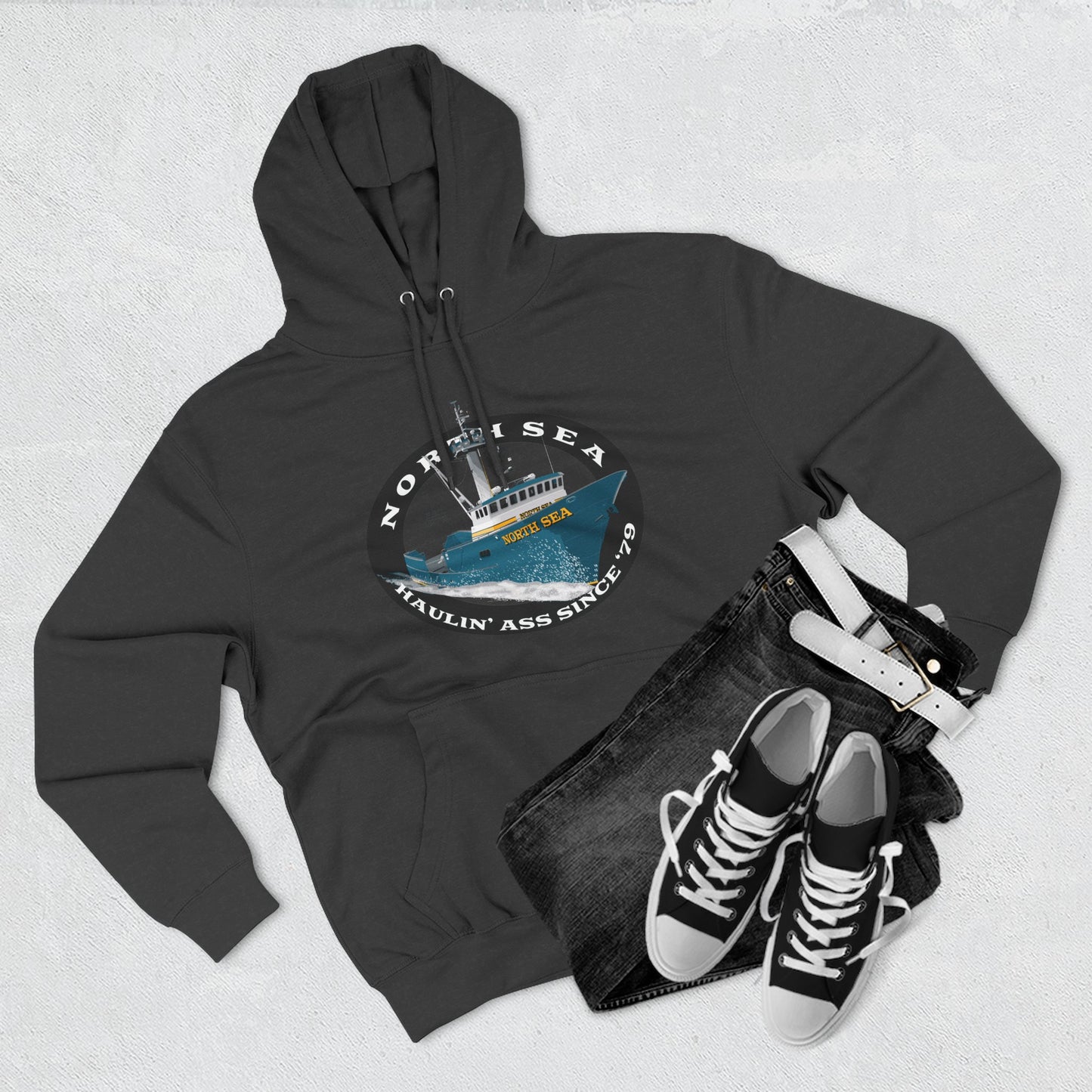 Haulin Ass Three-Panel Fleece Hoodie north sea