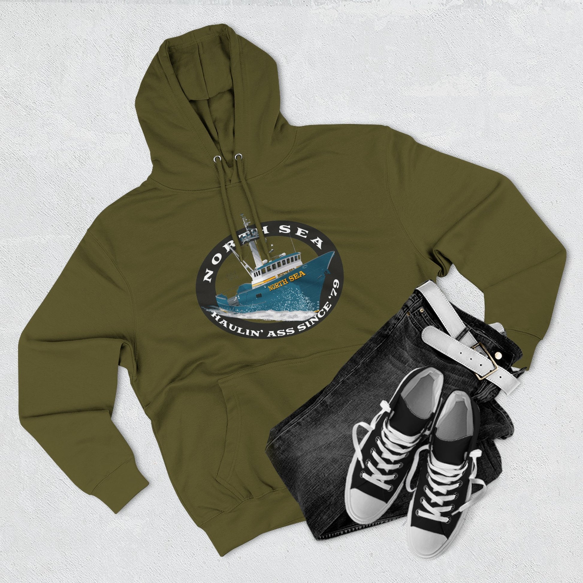 Haulin Ass Three-Panel Fleece Hoodie north sea