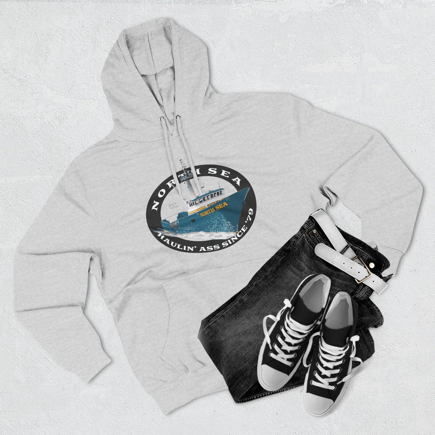Haulin Ass Three-Panel Fleece Hoodie north sea