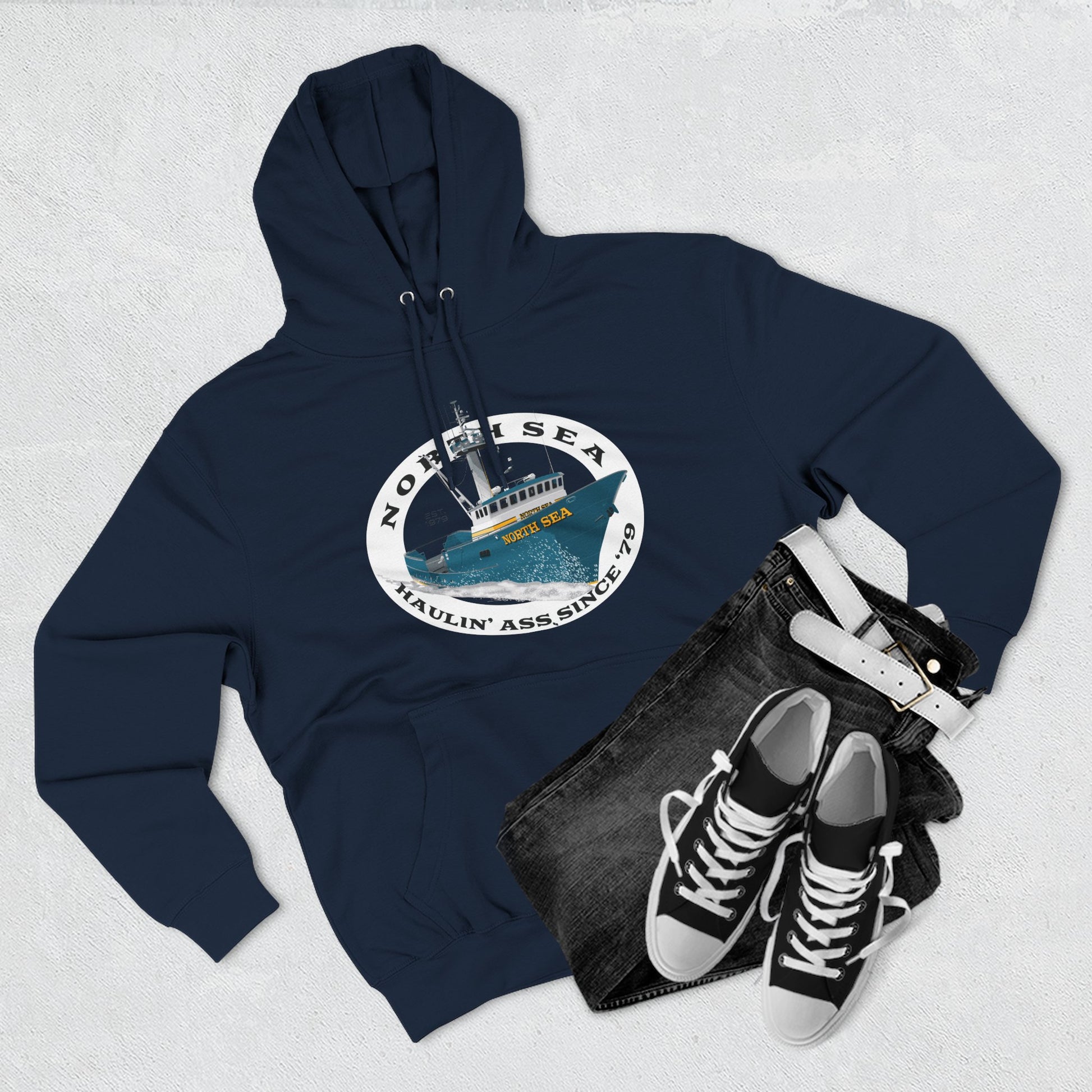 Haulin Ass Three-Panel Fleece Hoodie north sea